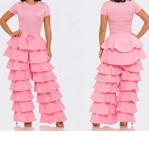 Tiered Ruffled Women's Pants- PINK